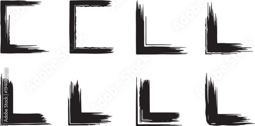 Collection of eight grunge brush stroke corner elements for abstract design borders and graphic accents on transparent background