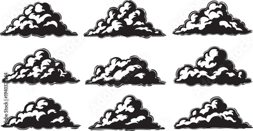 Collection of stylized black clouds silhouette for weather design isolated on transparent background vector graphics