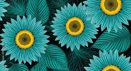 Seamless pattern with teal blue sunflowers and green leaves on black background beautiful floral vector illustration for textile print and wallpaper design