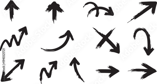 Hand drawn brush arrows collection with sketchy pointers and directional symbols for presentation and graphic navigation
