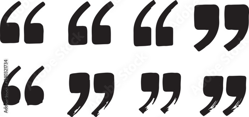 Hand drawn quotation marks set with black brush strokes for citation text and editorial dialogue speech bubbles elements