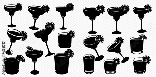 Set of black silhouettes of various cocktail glasses with lime slices, perfect for drink menus and bar graphics.