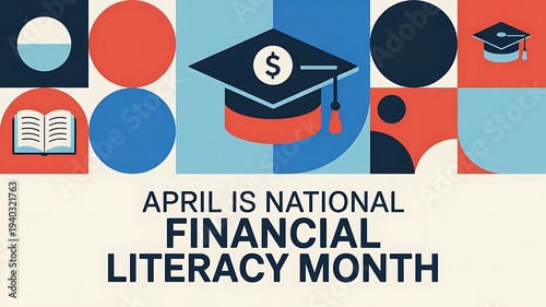 April is national financial literacy month education and graduation cap with dollar sign symbolizing monetary knowledge and economic growth abstract design