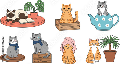 Adorable Cats in Various Poses with Accessories and Plants for Pet, Animal, and Cat Lover Illustrations