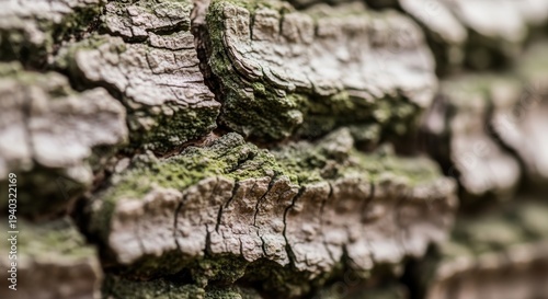 Close-up of textured tree bark with natural moss growth showcasing detailed surface