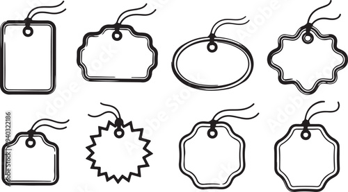 Set of eight decorative tags and labels with strings in various shapes for price tags gifts and branding on transparent background