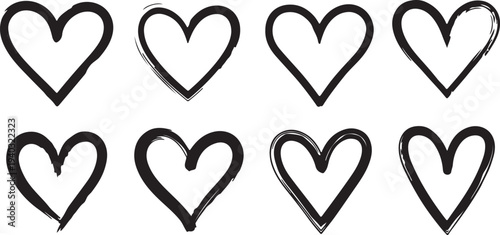 Set of eight hand drawn heart shapes, collection of love symbols, brush stroke hearts, vector illustration with transparent background