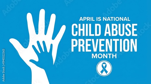 April is national child abuse prevention month with helping hands and awareness ribbon graphic on blue background