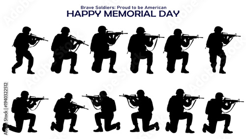 Memorial day tribute with silhouettes of soldiers firing rifles