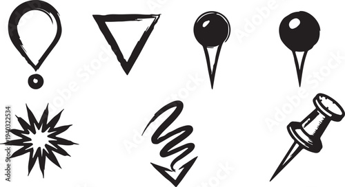 Set of various hand drawn doodle sketch simple exclamation marks pins and arrows isolated on transparent background