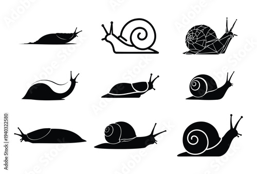 Set of 9 Black Snail and Slug Vector Icons for Nature, Garden, and Slow Pace Concepts, Isolated on White Background