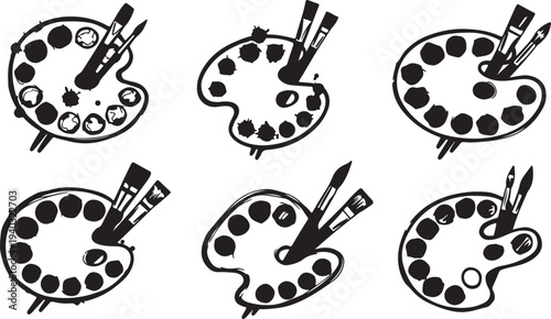 Wooden painter palette icons with paint blobs and artist brushes for creative hobby and fine arts education materials