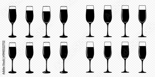 Set of champagne glasses with sparkling wine, black silhouette of elegant flutes for celebration, party, and festive occasions.