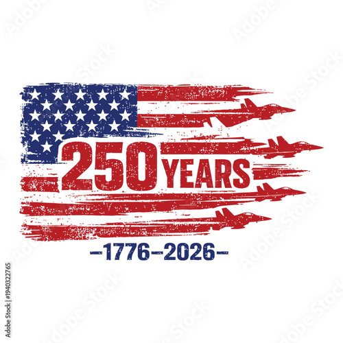 Fotografija USA 250 Years Patriotic American Flag with Fighter Jets Vintage Independence Ann