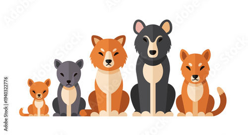 Cute cartoon dogs and wolves in a row, showing different breeds and sizes, flat design