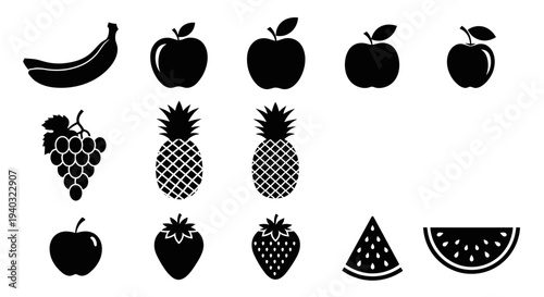 Collection of black fruit icons on a white background, simple and clean design