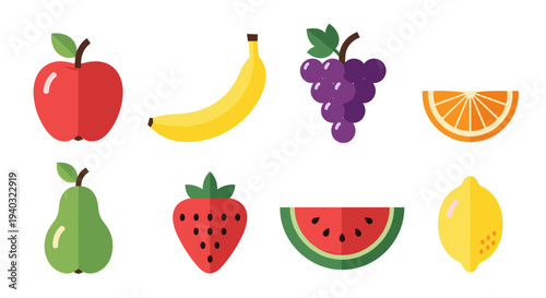 Collection of colorful flat design fruits on a white background