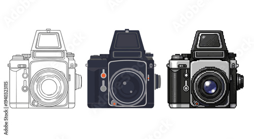 Three vintage camera illustrations: line art, flat design, and pixel art styles