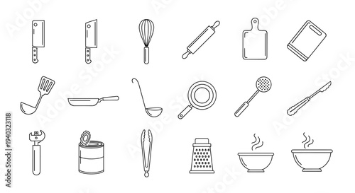 Collection of kitchen utensils and cooking tools in a simple line art style