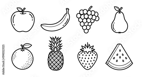 Collection of eight simple line art fruit icons on a white background