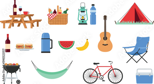 Camping and Outdoor Adventure Gear Collection with Picnic Table, Tent, Bike, BBQ, Guitar, and More for Nature and Travel Designs