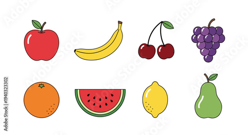 Collection of colorful cartoon fruits including apple, banana, cherries, grapes, orange, watermelon, lemon, and pear