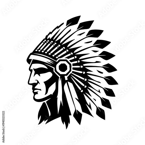 Logo jefe indio americano con tocado de guerra. Icono con cabeza de guerrero indio con tocado tradicional de plumas, de perfil 