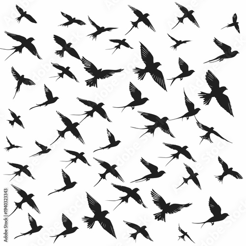 Silhouettes of flying birds in a flock against a white background