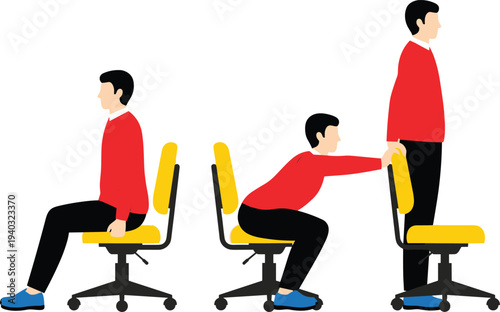 Chair Exercise Routine Illustration with Stretches and Posture Improvement for Office Workers and Desk Job Fitness