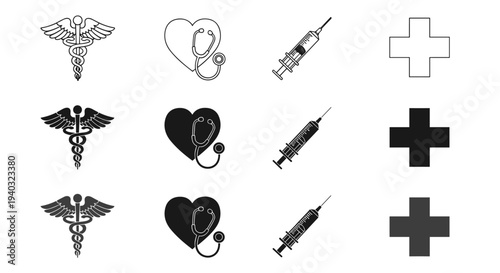 Collection of medical symbols including caduceus, heart with stethoscope, syringe, and cross