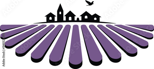 Lavender field landscape with village houses silhouette, rural countryside farm illustration, purple crop rows perspective nature scenery