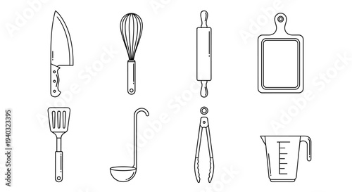 Collection of essential kitchen utensils and tools depicted in a clean line art style