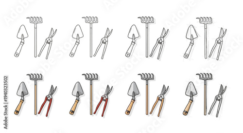 Collection of garden tools including trowel, rake, and shears in various styles