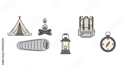 Camping gear icons: tent, sleeping bag, campfire, lantern, backpack, and compass