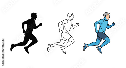 Three distinct styles of a runner in motion: silhouette, line art, and colored illustration
