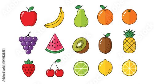 Collection of colorful, flat design fruits including apple, banana, pear, oranges, grapes, watermelon, kiwi, pineapple