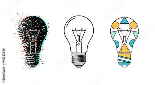 Three stylized light bulbs representing different stages of an idea, from glitch to concept