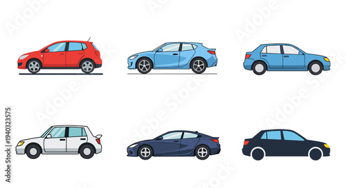 Collection of six different car models in various colors, shown from the side