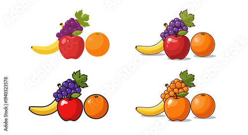 Four cartoon fruit arrangements featuring bananas, apples, grapes, and oranges in different color variations