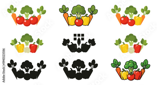 Collection of colorful and silhouette vegetable icons for healthy eating and organic food promotion