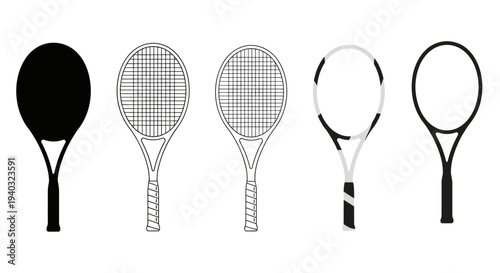 Collection of five tennis racquets in various styles and colors on a white background
