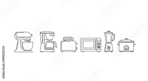 Collection of kitchen appliances in a clean line art style on a white background