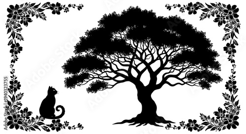 Silhouette of a black cat sitting under a large tree with ornate floral borders