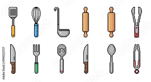 Pixel art collection of various kitchen utensils and cooking tools