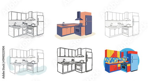 Collection of kitchen interior designs in various artistic styles and color palettes