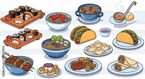 Diverse collection of delicious international cuisine dishes in a cartoon style