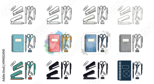 Collection of colorful and monochrome stationery items arranged in grids