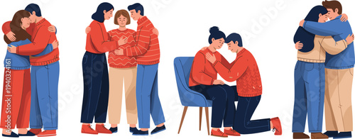 Couples and Groups Embracing and Sharing Affection in Warm, Loving Hugs for Emotional Connection and Relationship Designs
