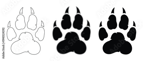 Set of 3 Black and White Animal Paw Print Vector Icons: Outline, Solid, and Detailed Clawed Designs for Wildlife, Pet, or Nature-Themed Projects
