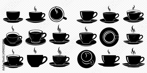 Collection of various hot coffee and tea cups with steam, black silhouettes on a transparent background.